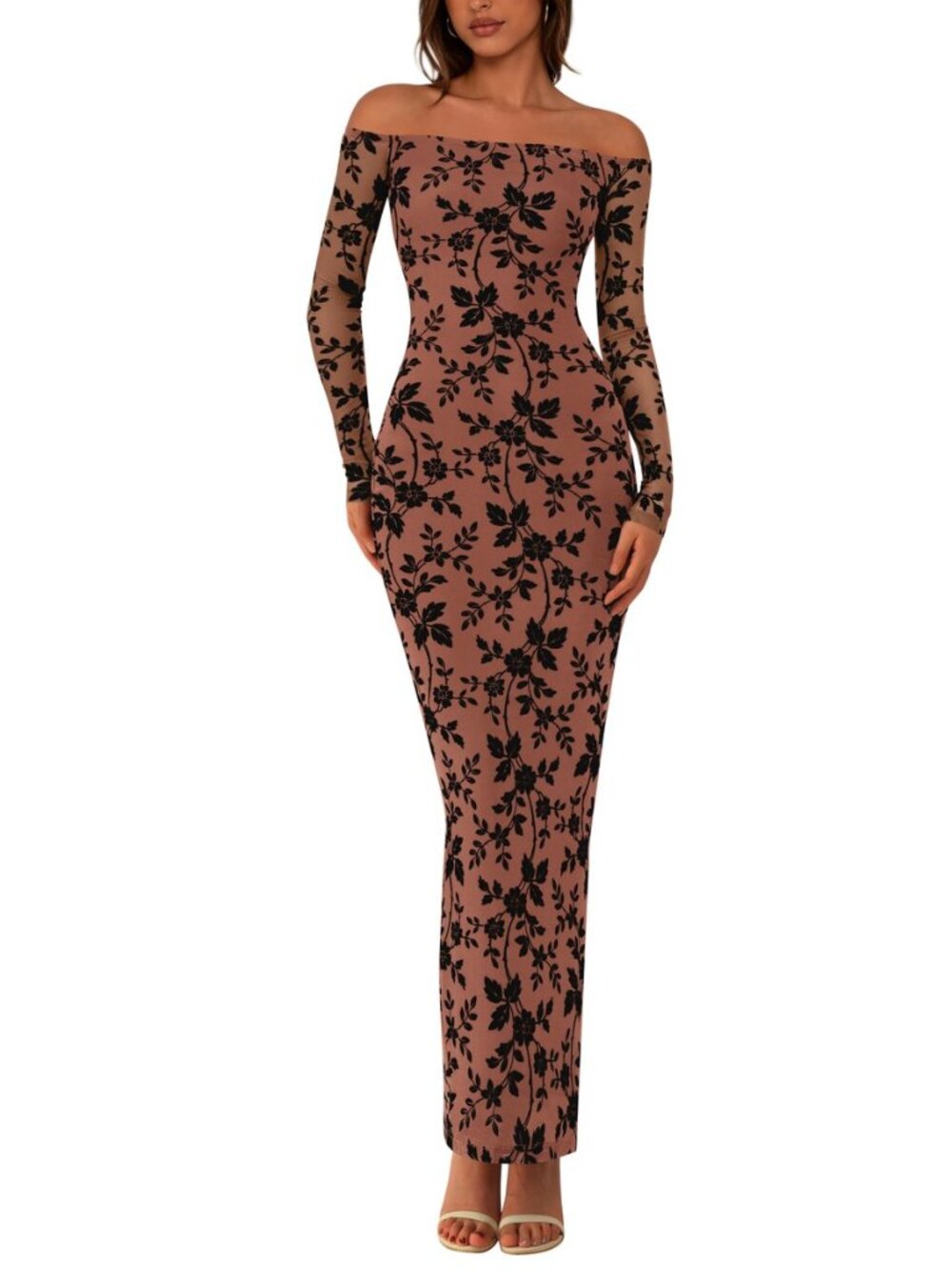 Womens Off Shoulder Floral Bodycon Maxi Dress